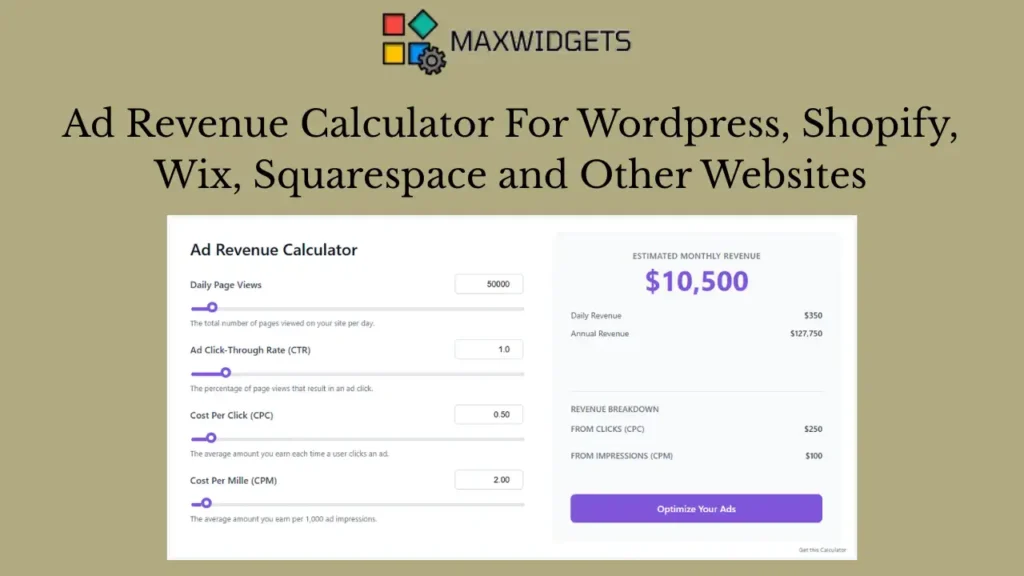 Ad Revenue Calculator Widget For WordPress and Other Websites